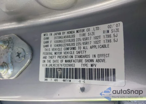 2007 Honda Cr-V Ex-L from USA, damaged, VIN JHLRE38797C039953